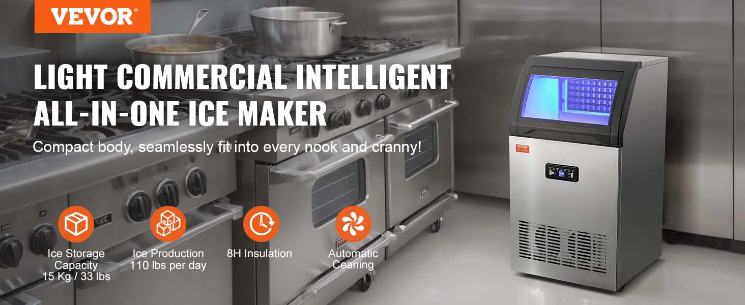 VEVOR commerciële ijsblokjesmachine in een professionele keuken, met aandacht voor opslag, productie, isolatie en reiniging.