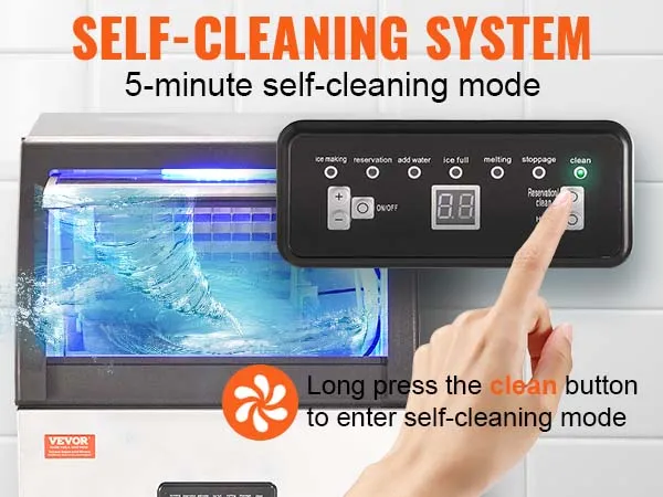 VEVOR commerciële ijsblokjesmachine met zelfreinigend systeem en led-display voor eenvoudig onderhoud.