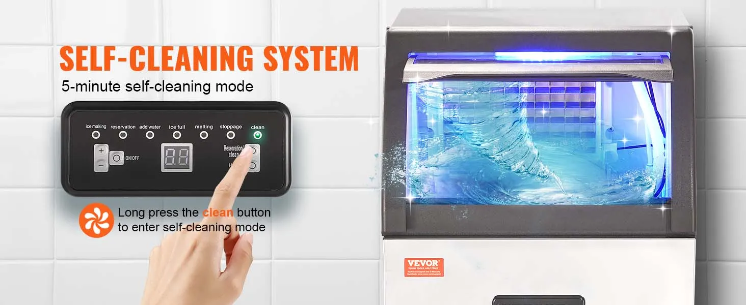 VEVOR commerciële ijsblokjesmachine met zelfreinigend systeem en led-display voor eenvoudig onderhoud.