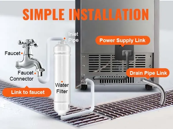 eenvoudig installatieschema voor de commerciële VEVOR-ijsmachine, met kraan, waterfilter en leidingverbindingen.