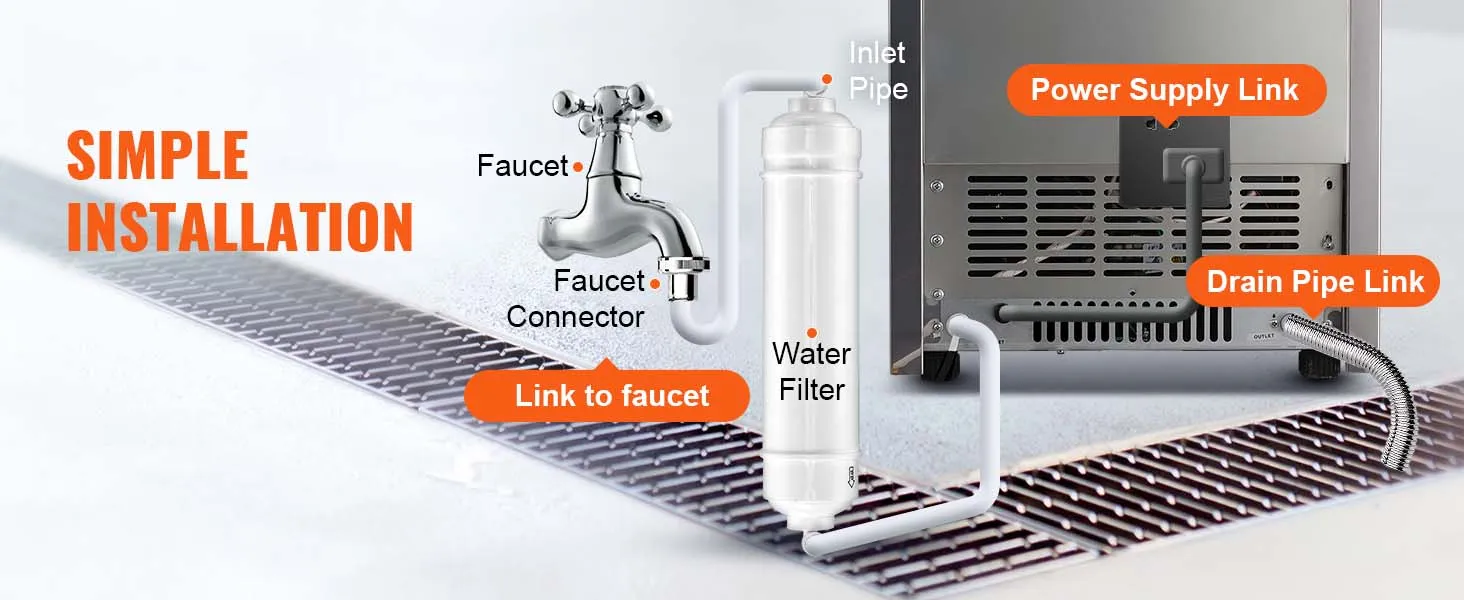 eenvoudig installatieschema voor de commerciële VEVOR-ijsmachine, met kraan, waterfilter en leidingverbindingen.