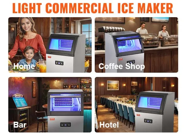 VEVOR commerciële ijsblokjesmachine in verschillende omgevingen: thuis, in een koffiebar, bar, hotel en bar.