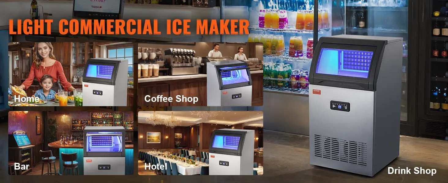 VEVOR commerciële ijsblokjesmachine in verschillende omgevingen: thuis, in een koffiebar, bar, hotel en bar.