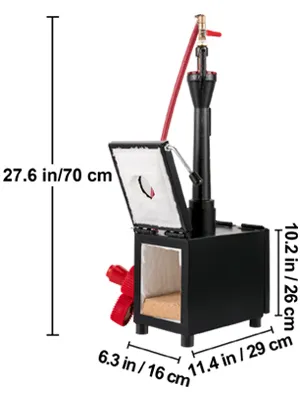 VEVOR propane knife forge with dimensions labeled for height, width, and depth.