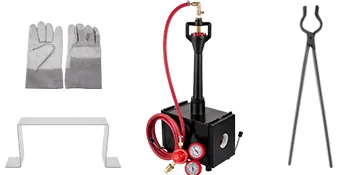 VEVOR propane knife forge kit with gloves, tongs, and gas pressure regulator.
