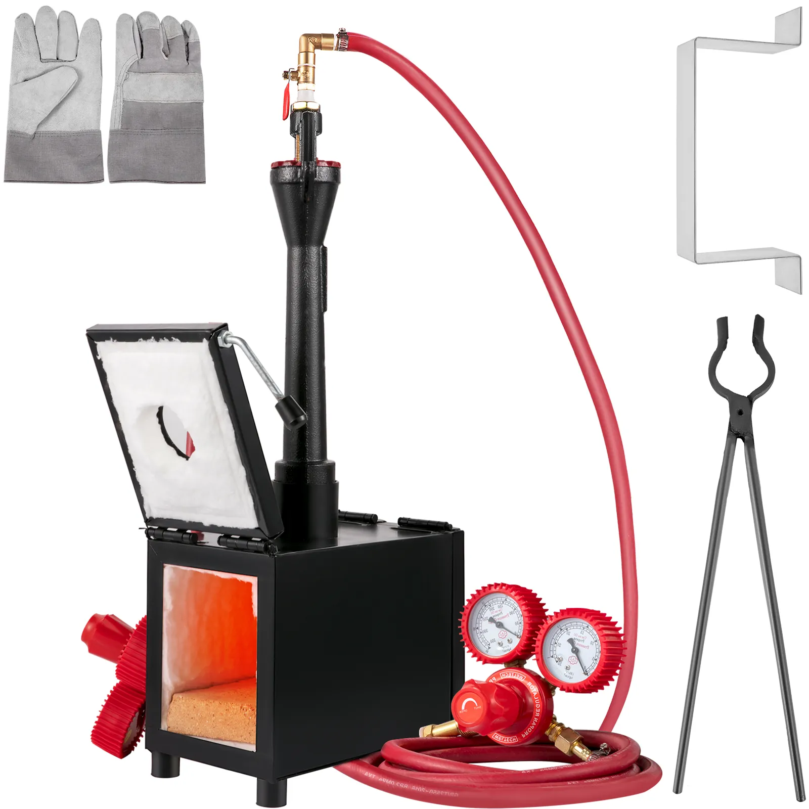 VEVOR propane knife forge with gloves, tongs, regulator, and open chamber.