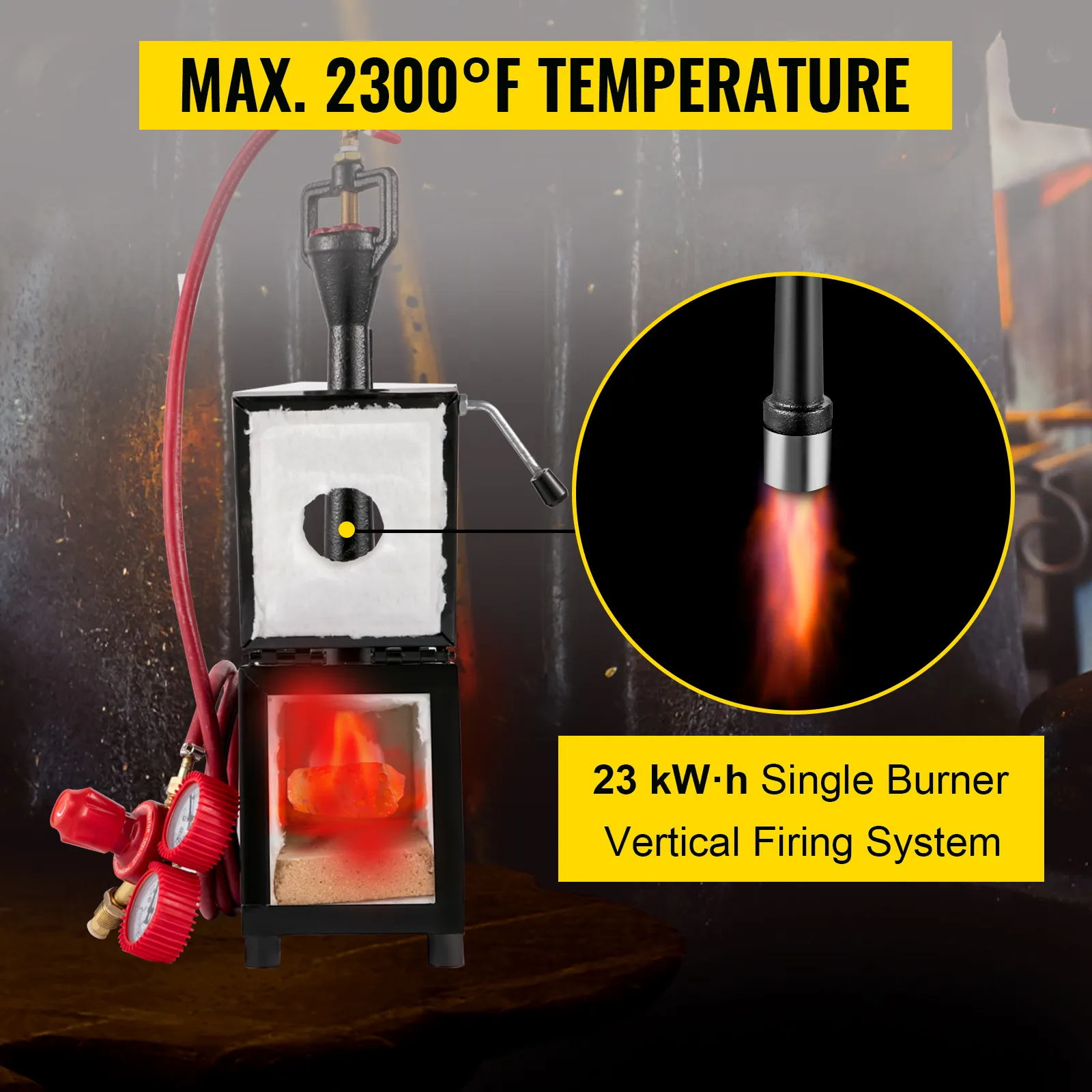 VEVOR propane knife forge with max temperature of 2300°f and single burner.