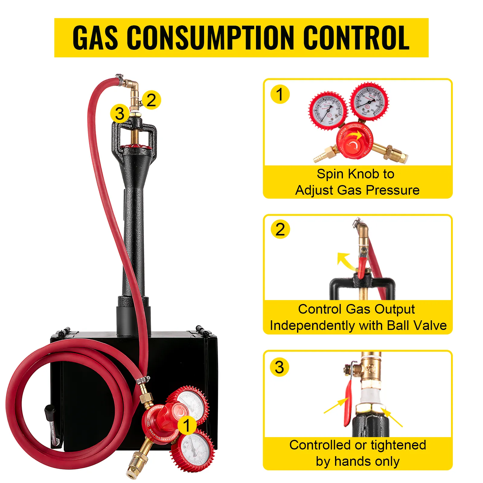 VEVOR propane knife forge gas consumption control details with adjustable settings.