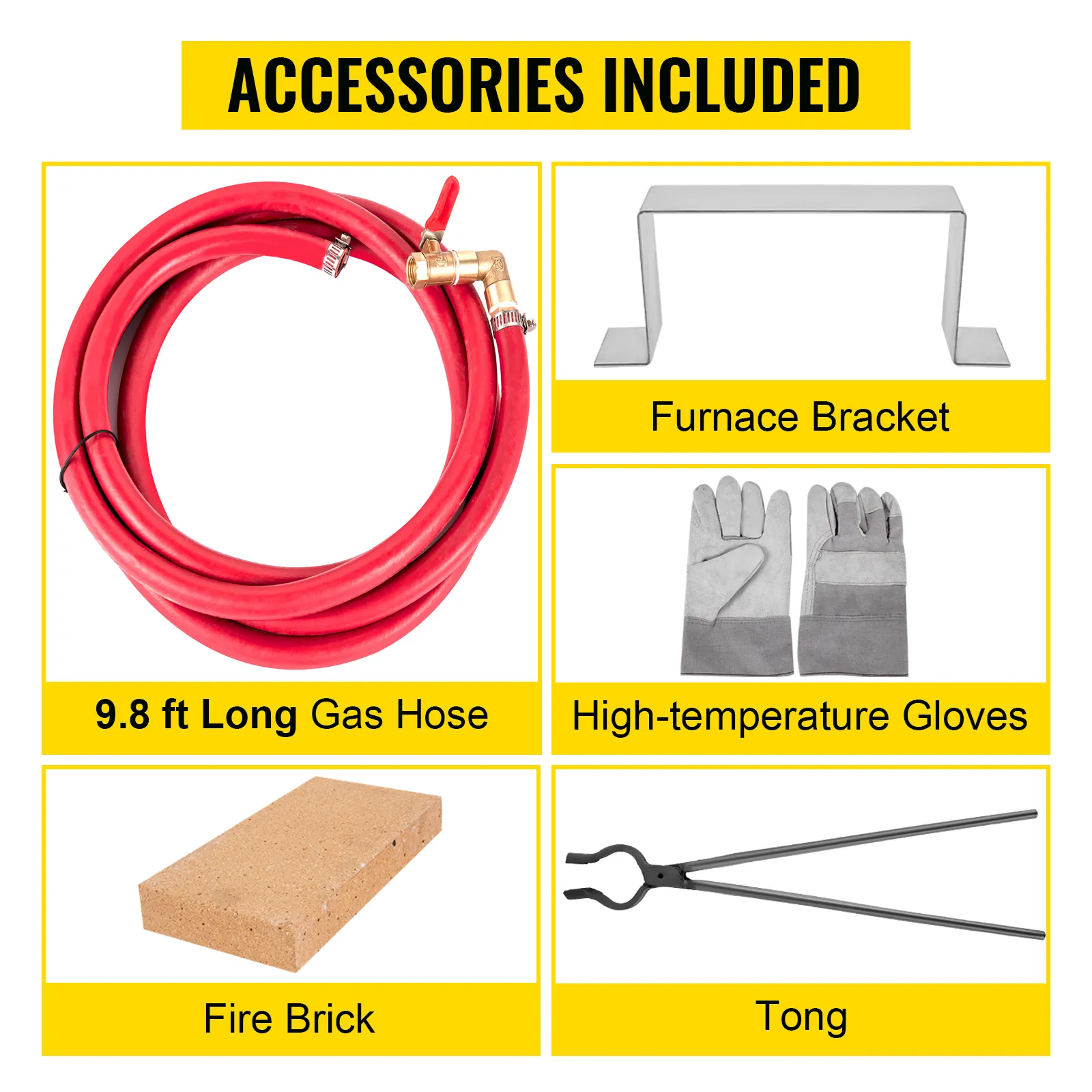 VEVOR propane knife forge accessories: gas hose, furnace bracket, gloves, fire brick, tong.