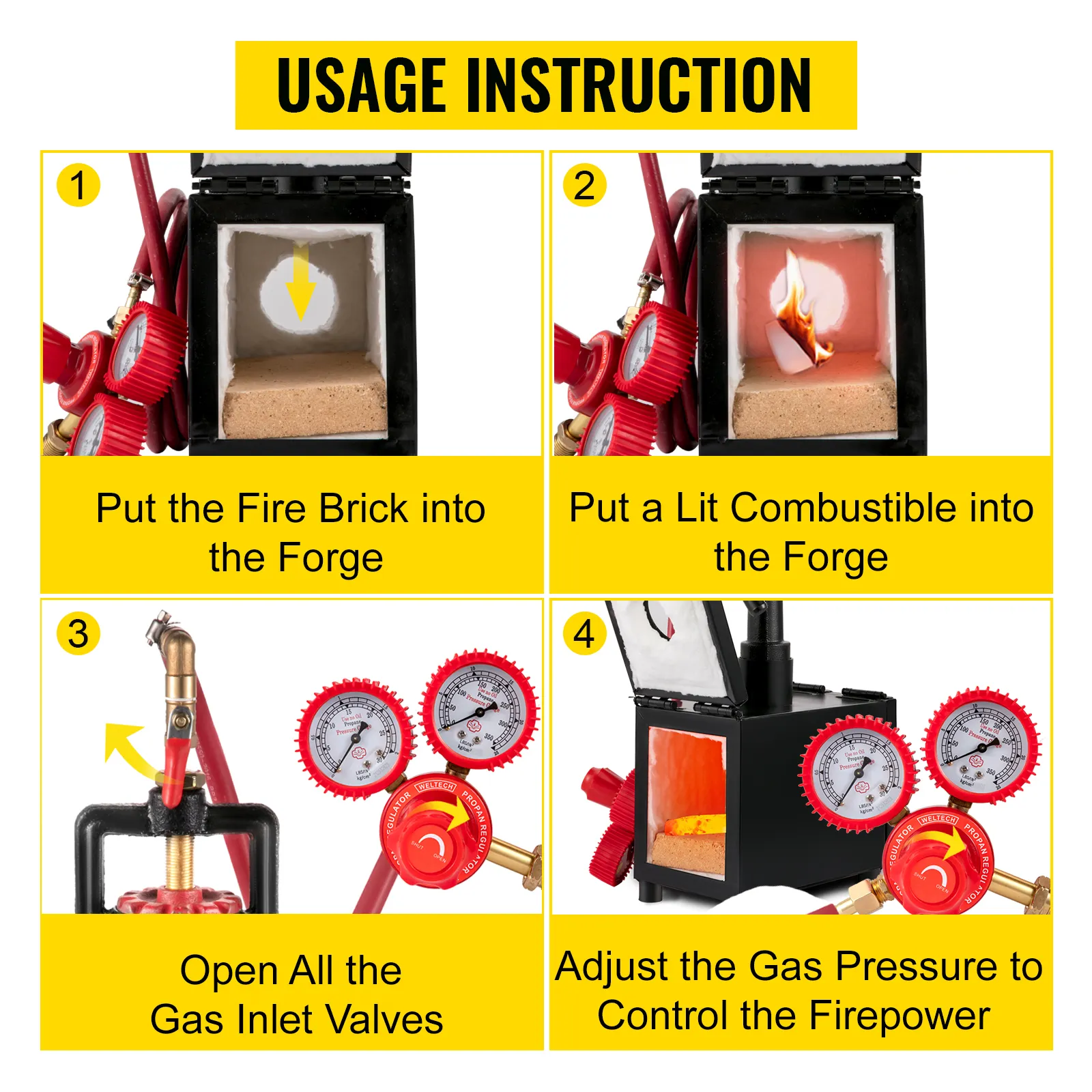 VEVOR propane knife forge usage instructions with fire brick and gas pressure gauges.