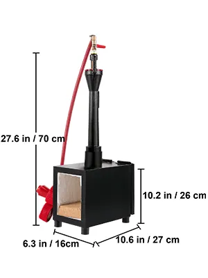 Forja de cuchillos de propano VEVOR con medidas: 27,6 pulgadas de alto, 10,6 pulgadas de largo, 6,3 pulgadas de ancho.