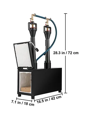 VEVOR propane knife forge with two burners, open lid, and dimensions listed.