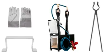 VEVOR propane knife forge with safety gloves, holder, and blacksmith tongs.