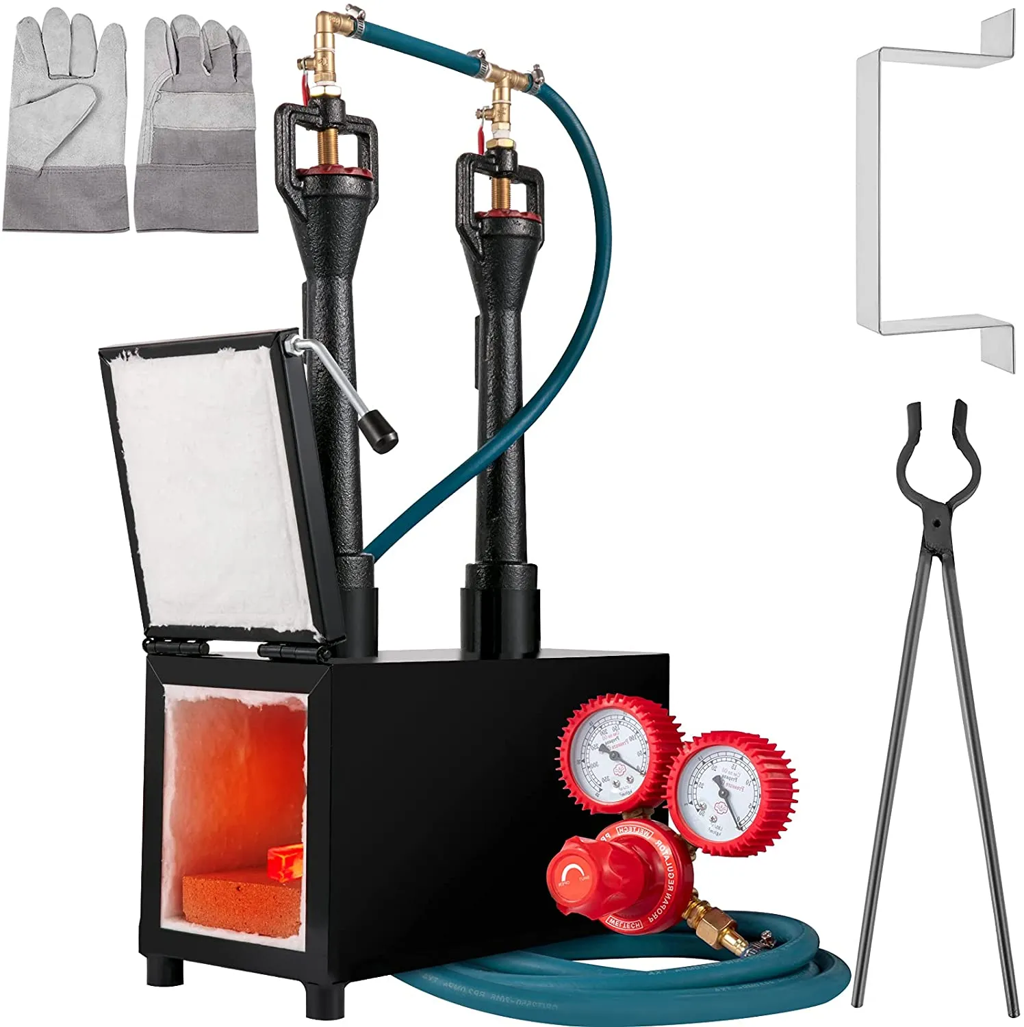 VEVOR propane knife forge with double burners, tongs, gloves, and regulator.