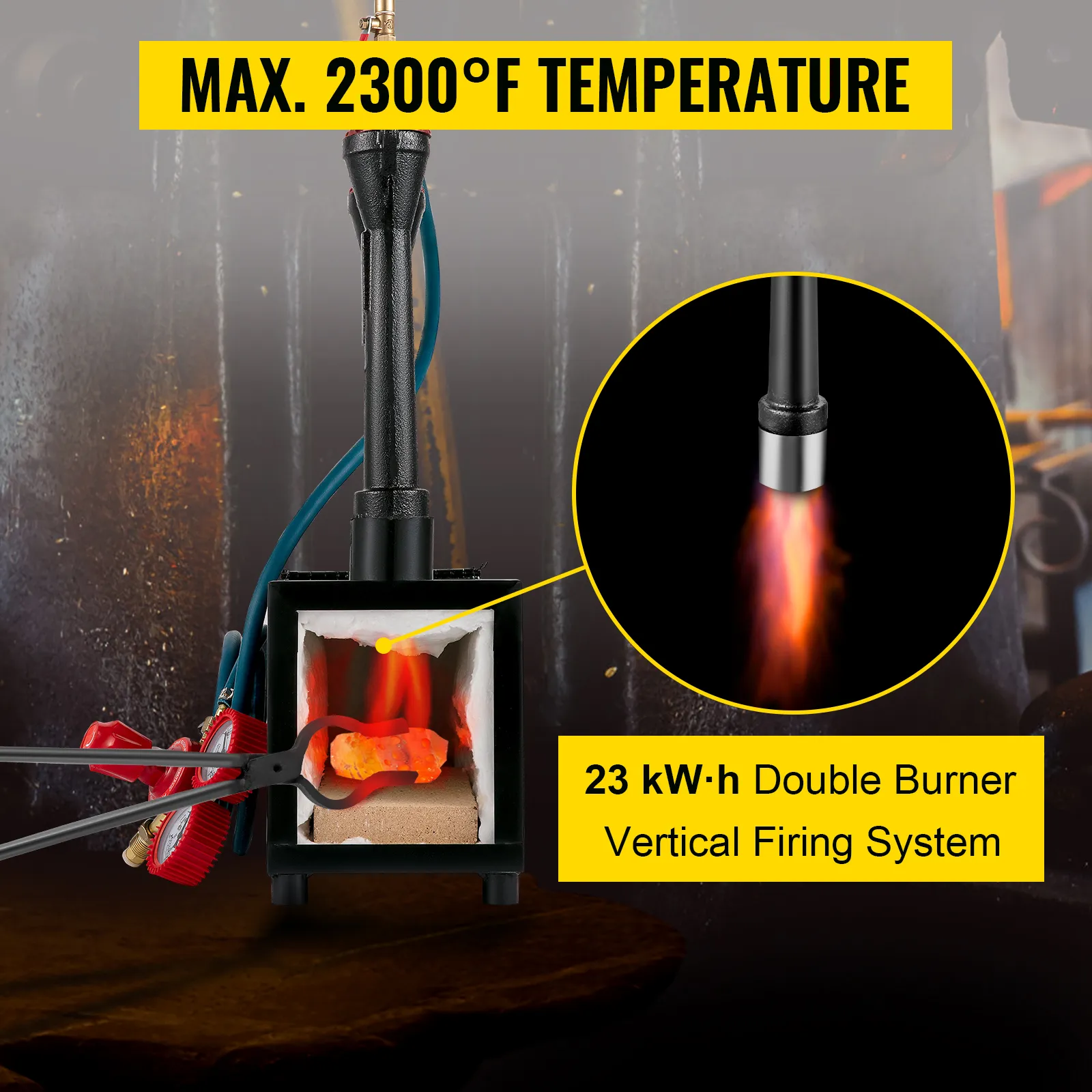 VEVOR propane knife forge with a max temperature of 2300°f and a 23 kwh double burner.