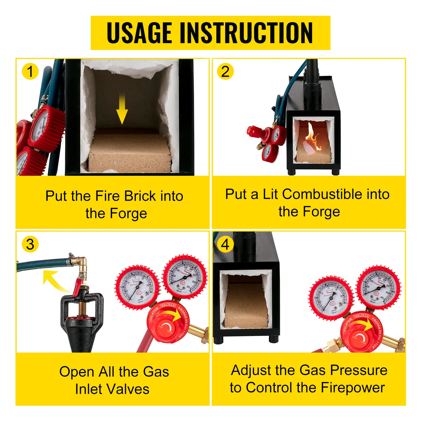 VEVOR propane knife forge setup steps including fire brick, combustible, gas valves, and pressure adjustment.