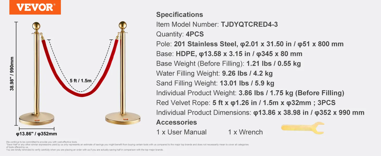 Poste de soporte VEVOR con cuerda de terciopelo rojo, 38,98" de alto, acabado dorado, especificaciones detalladas.