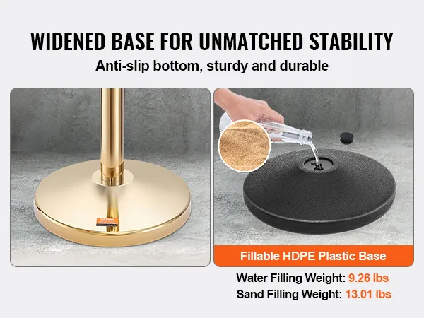 Poste de soporte VEVOR con base ensanchada para mayor estabilidad, plástico HDPE rellenable con agua y arena.