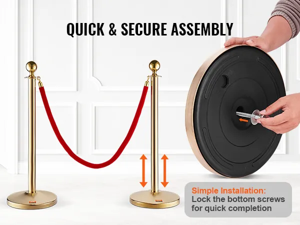 Montaje rápido de postes de soporte VEVOR, con postes dorados, cuerda roja y guía de instalación segura.