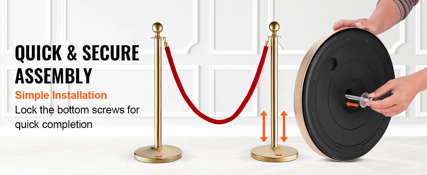Montaje rápido de postes de soporte VEVOR, con postes dorados, cuerda roja y guía de instalación segura.