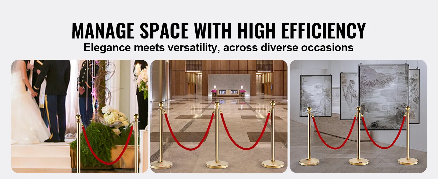 Poste de soporte VEVOR con cuerdas rojas en varios eventos: bodas, vestíbulos y galerías.