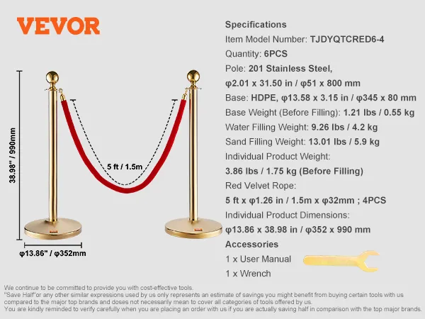 Poste de control de multitudes VEVOR con cuerda de terciopelo rojo, postes dorados y base con especificaciones y accesorios.