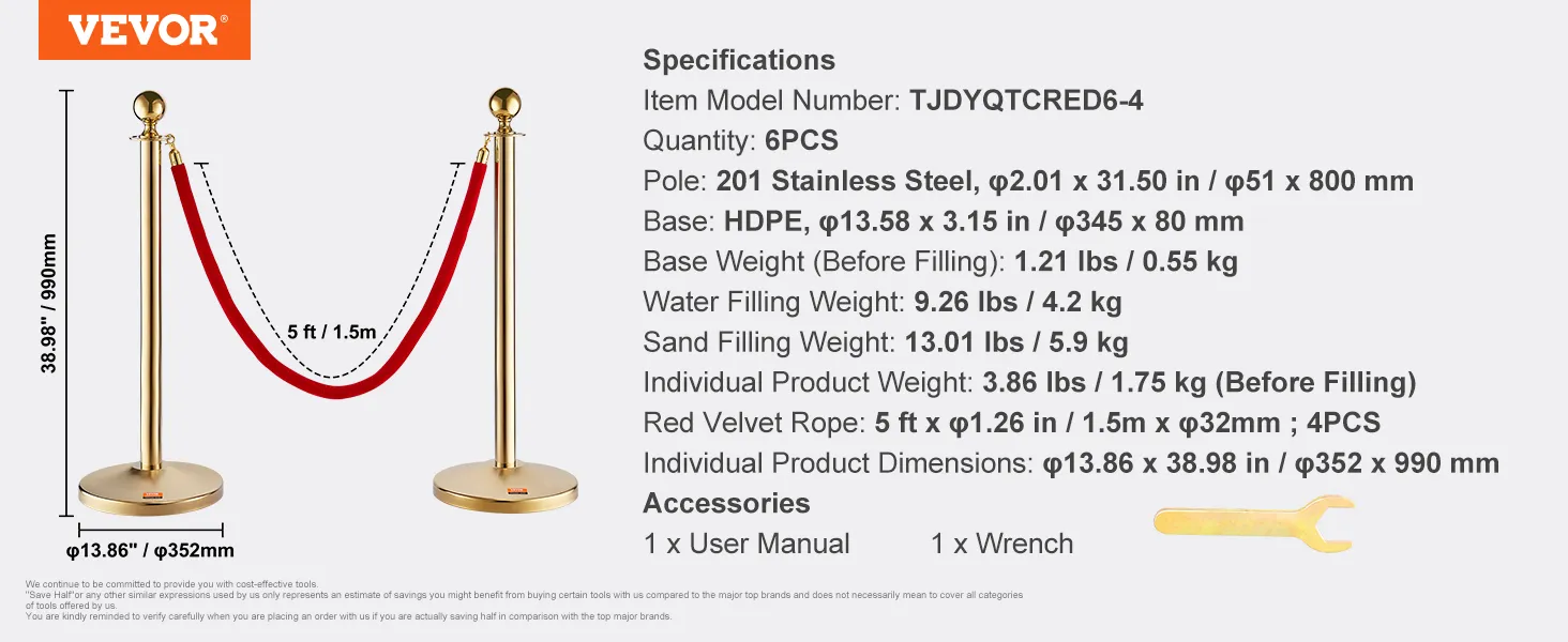 Poste de control de multitudes VEVOR con cuerda de terciopelo rojo, postes dorados y base con especificaciones y accesorios.