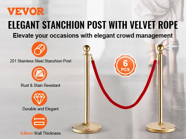 Poste de control de multitudes VEVOR con cuerda de terciopelo para una gestión elegante de multitudes, resistente a la oxidación, juego de 6 piezas.