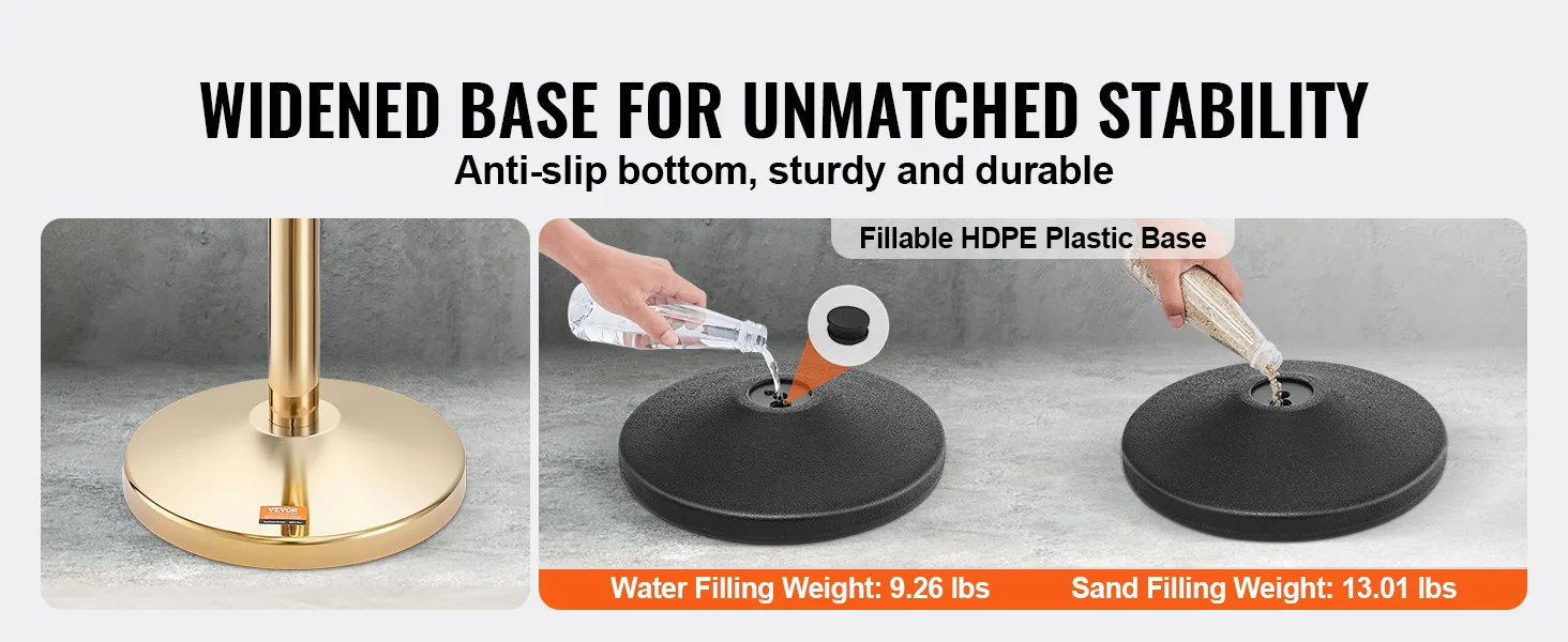 Poste de control de multitudes VEVOR de base ancha con fondo antideslizante, base de plástico HDPE rellenable con agua y arena.