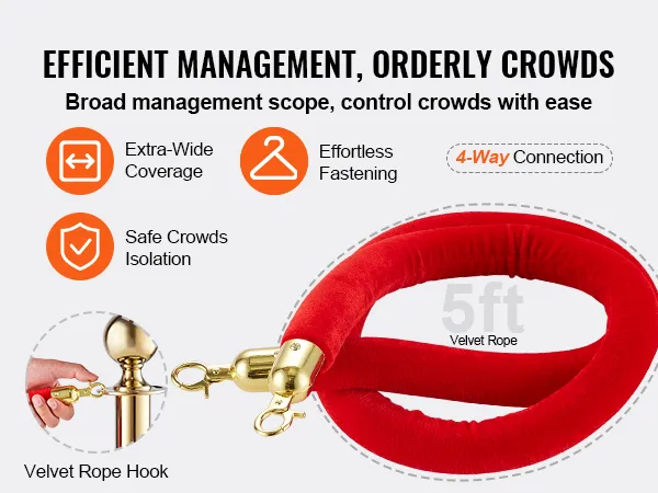 Control de multitudes eficiente con el poste de control de multitudes VEVOR, que cuenta con una cuerda de terciopelo rojo de 5 pies y una conexión de 4 vías.