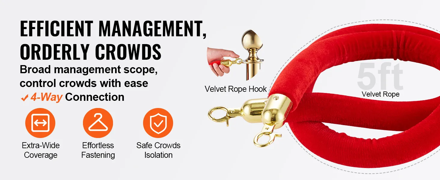 Control de multitudes eficiente con el poste de control de multitudes VEVOR, que cuenta con una cuerda de terciopelo rojo de 5 pies y una conexión de 4 vías.