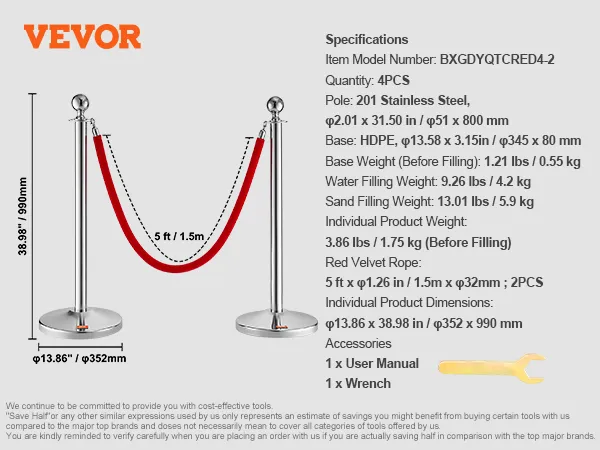 Poste de soporte VEVOR con cuerda de terciopelo rojo, 38,98" de altura, acero inoxidable, accesorios incluidos.
