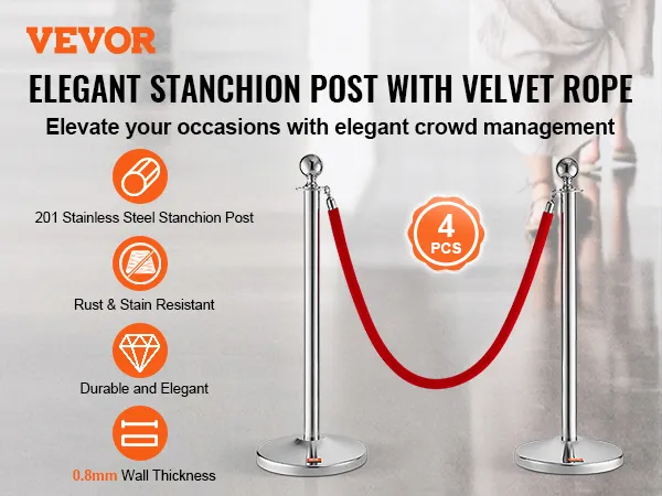 Poste de soporte VEVOR: postes de acero inoxidable con cuerda de terciopelo rojo, resistentes a la oxidación, duraderos, de 0,8 mm de espesor.