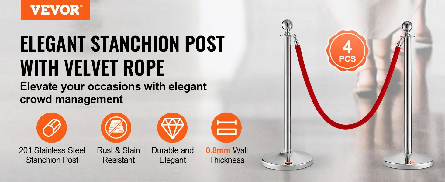 Poste de soporte VEVOR: postes de acero inoxidable con cuerda de terciopelo rojo, resistentes a la oxidación, duraderos, de 0,8 mm de espesor.