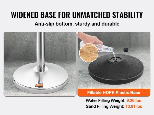 Base ensanchada de poste de soporte VEVOR con plástico HDPE rellenable, fondo antideslizante, relleno de agua y arena.