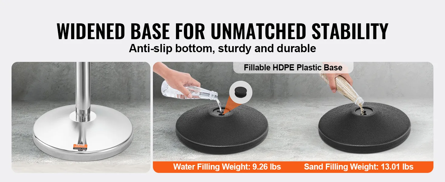 Base ensanchada de poste de soporte VEVOR con plástico HDPE rellenable, fondo antideslizante, relleno de agua y arena.