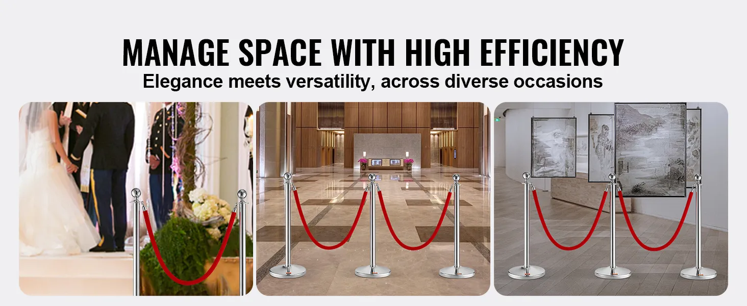 Gestione el espacio de forma eficiente con los postes de soporte VEVOR para bodas, eventos y exposiciones con cuerdas rojas.
