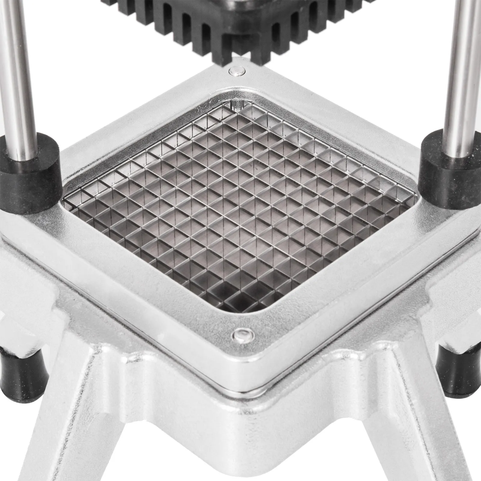 close-up of the VEVOR vegetable chopper stainless steel cutting grid and frame.