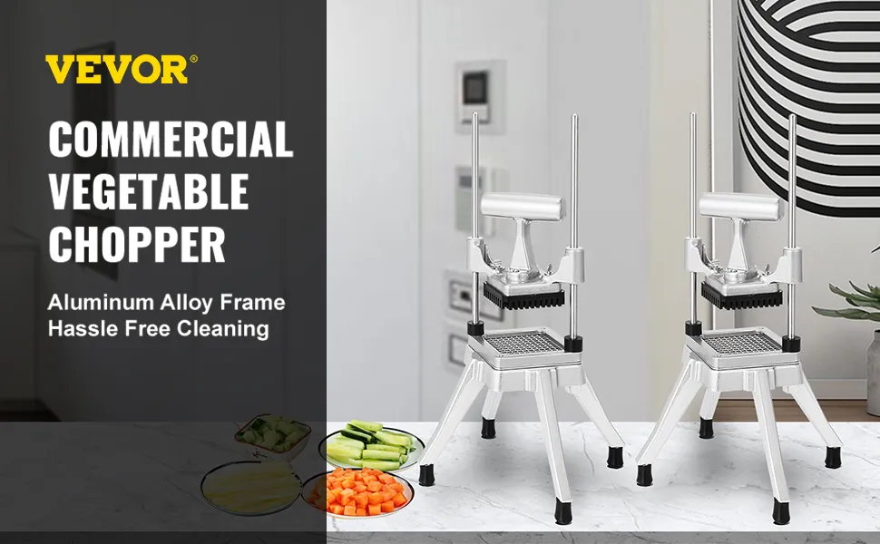 VEVOR vegetable chopper with aluminum alloy frame on a kitchen countertop with diced veggies.