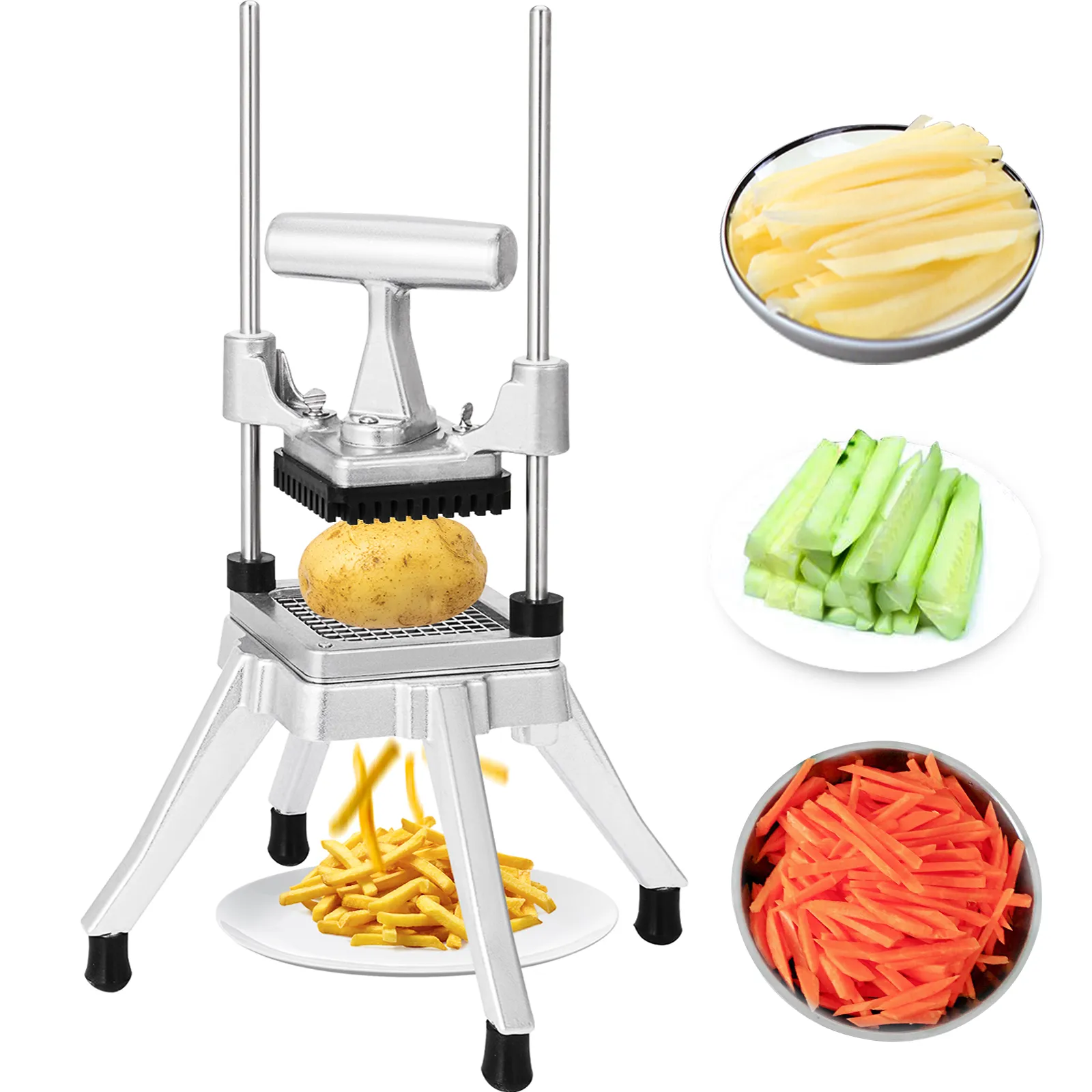 VEVOR vegetable chopper slicing different vegetables with fries, cucumbers, and carrots.