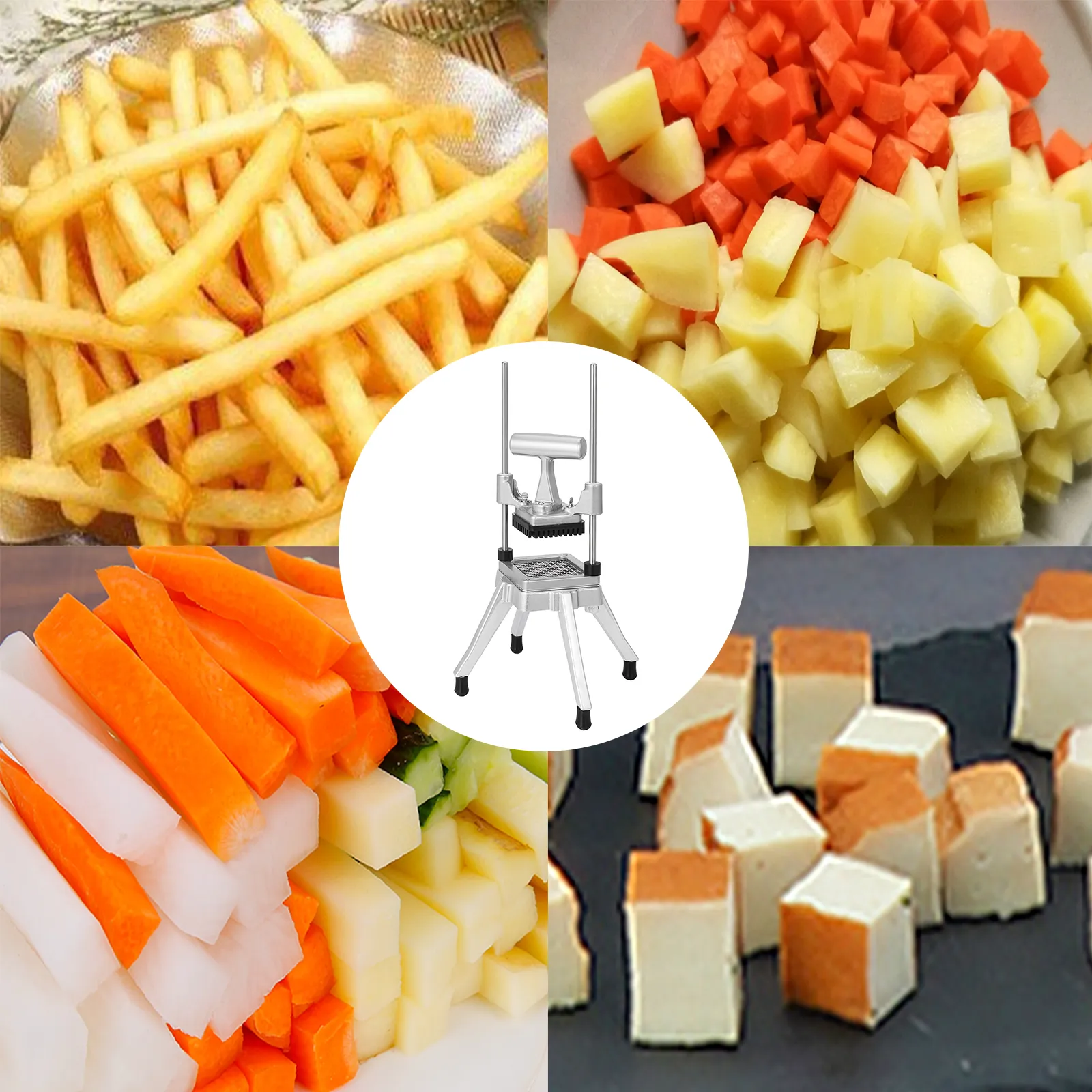 VEVOR vegetable chopper cutting fries, diced vegetables, and sliced veggies.