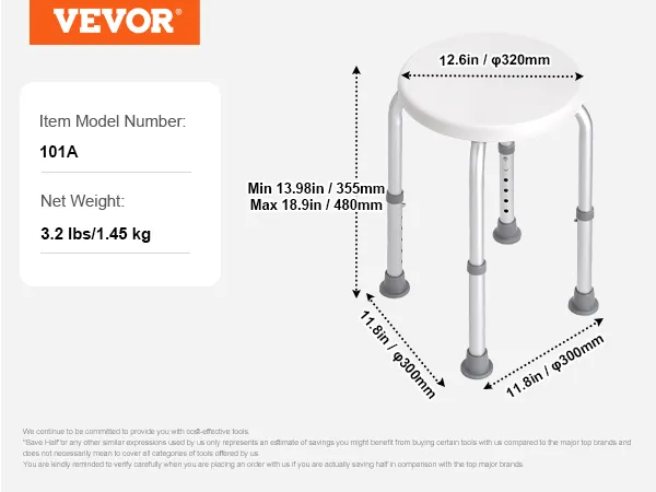 VEVOR shower chair model 101a, 3.2 lbs, adjustable height 13.98-18.9 inches, seat diameter 12.6 inches.