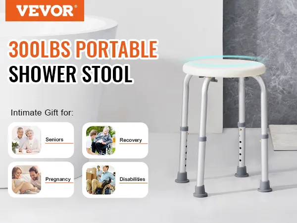 VEVOR shower chair, 300lbs portable shower stool next to a white bathtub, ideal for seniors, recovery, pregnancy, and disabilities.