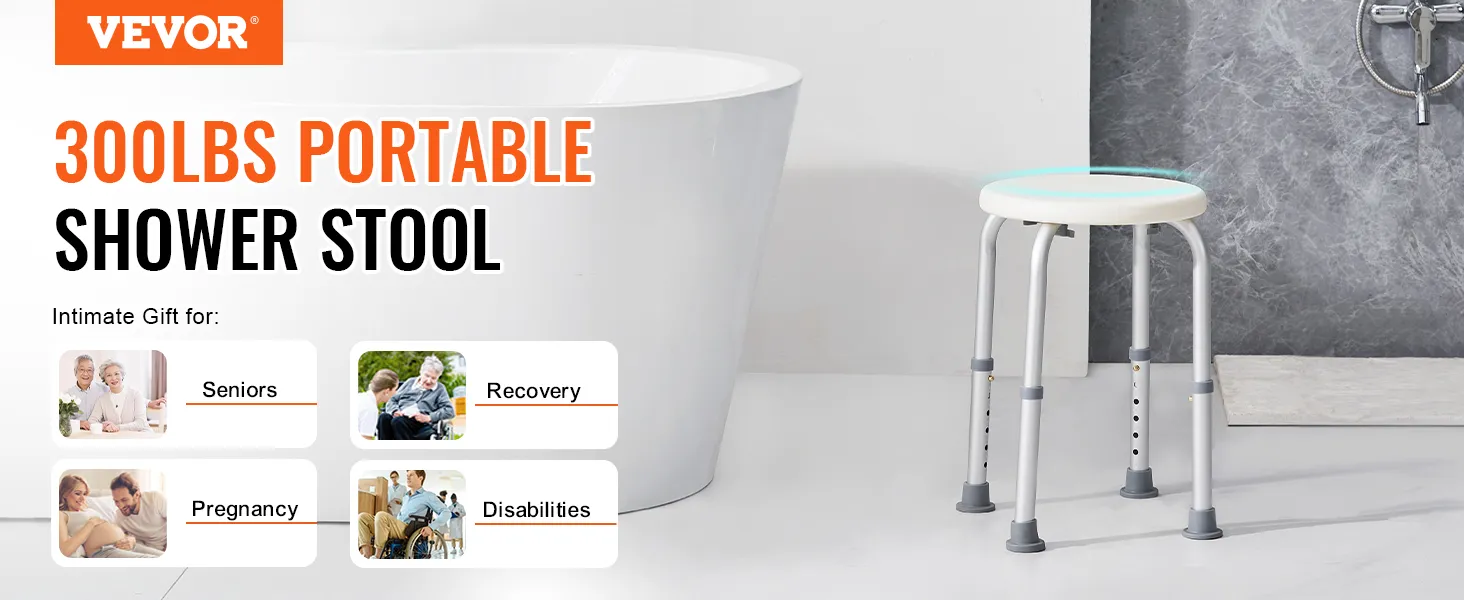 VEVOR shower chair, 300lbs portable shower stool next to a white bathtub, ideal for seniors, recovery, pregnancy, and disabilities.
