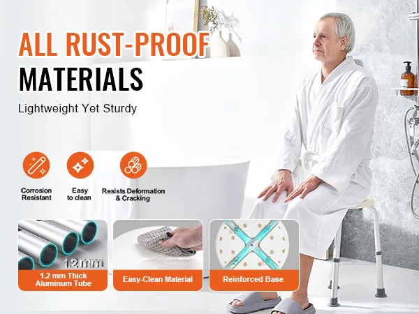 VEVOR shower chair features rust-proof materials, 1.2mm thick aluminum, easy-clean surface, and reinforced base.