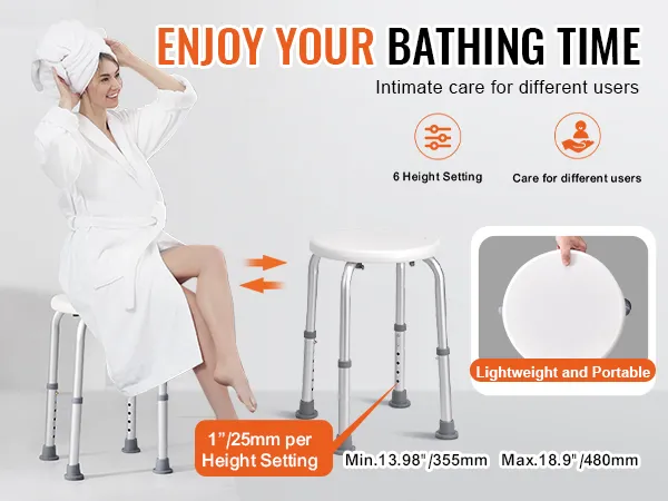 VEVOR shower chair, adjustable height, lightweight, and portable for comfortable bathing.