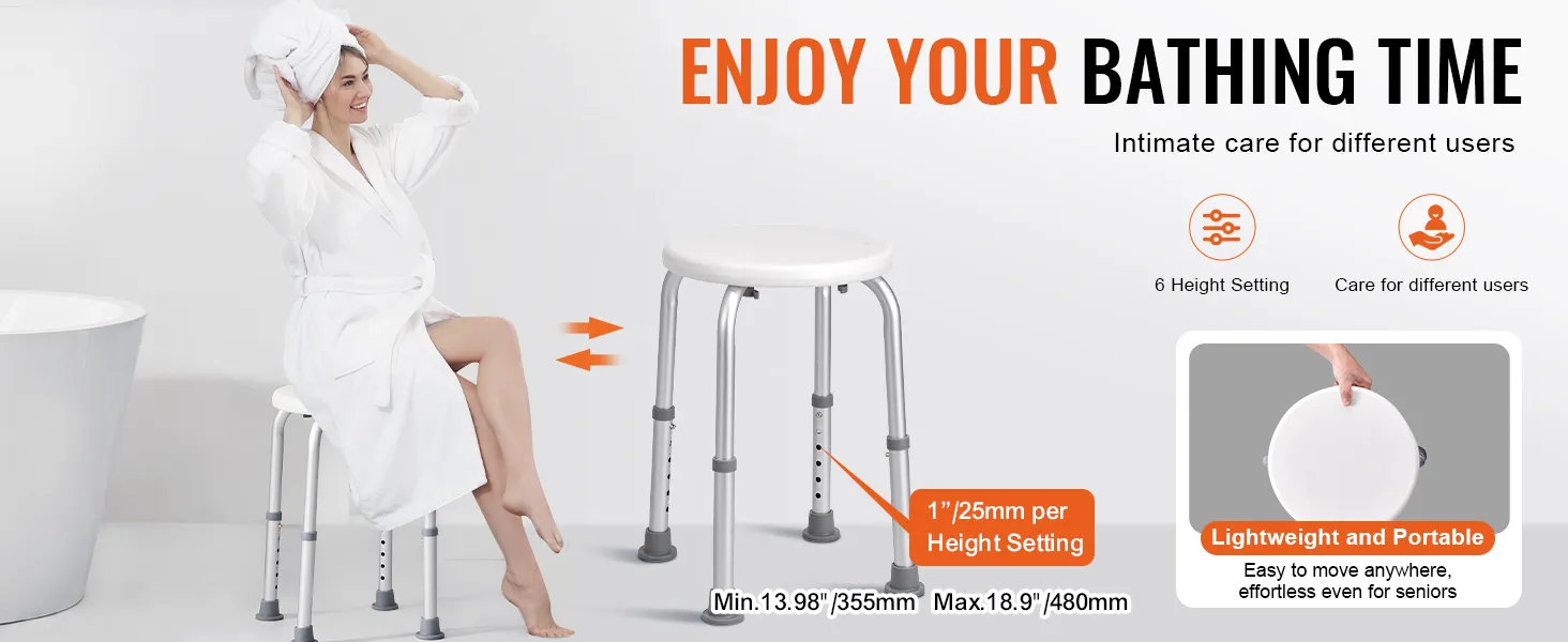 VEVOR shower chair, adjustable height, lightweight, and portable for comfortable bathing.