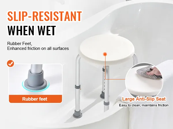 VEVOR shower chair in bathtub with slip-resistant rubber feet and large anti-slip seat, easy to clean.