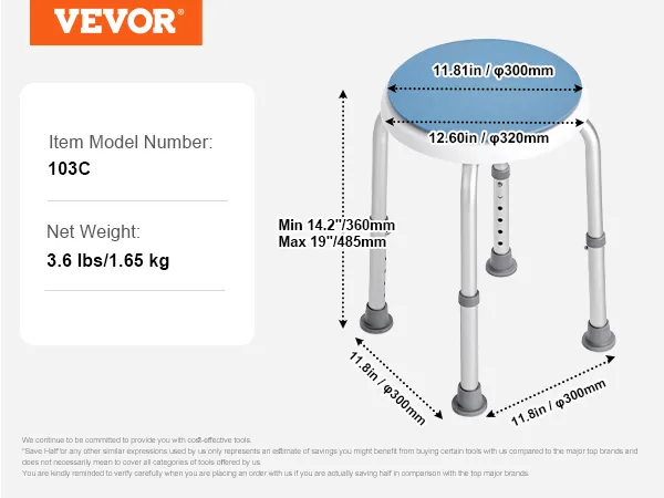 VEVOR shower chair, model 103c, 3.6 lbs, adjustable height, 11.81in seat diameter.