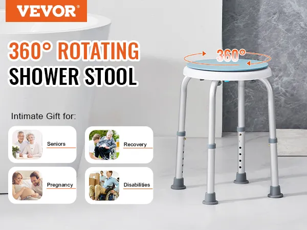 VEVOR shower chair with 360° rotating seat, ideal for seniors, recovery, pregnancy, and disabilities.